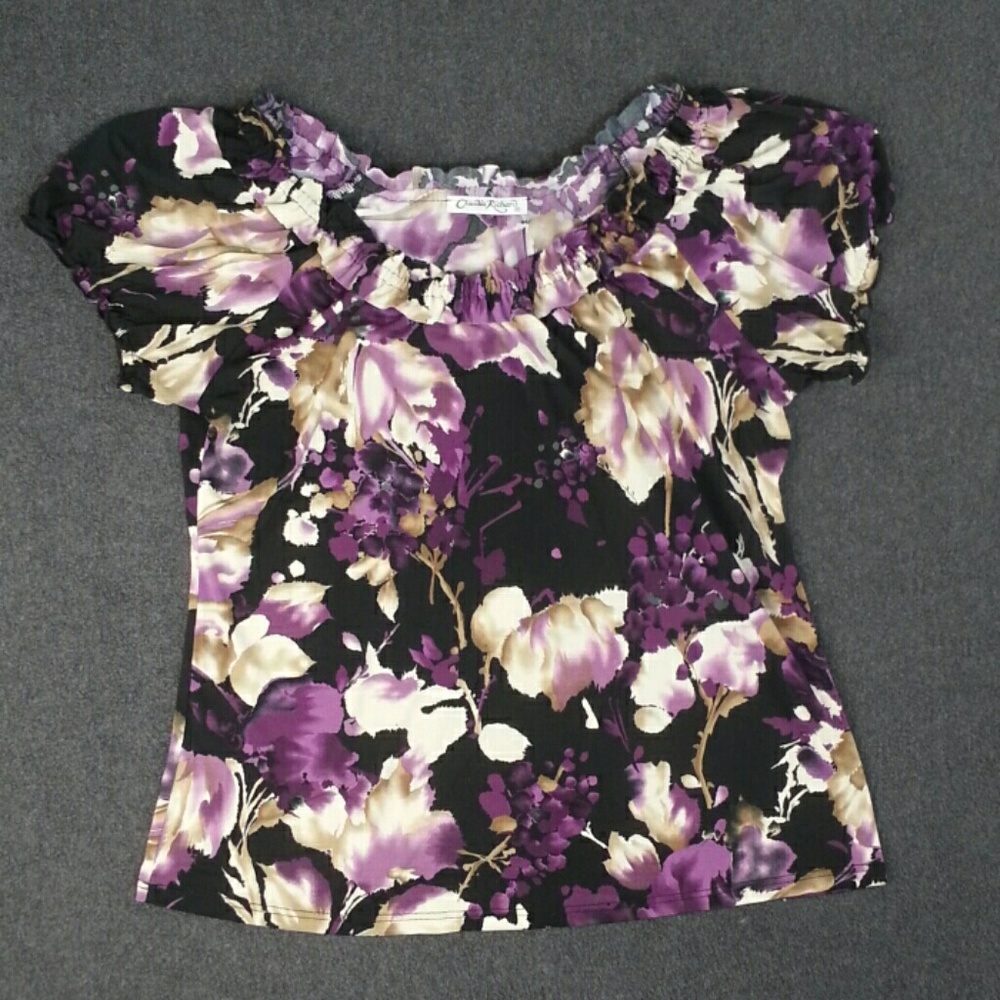 Claudia Richard Purple Floral Peasant Top L